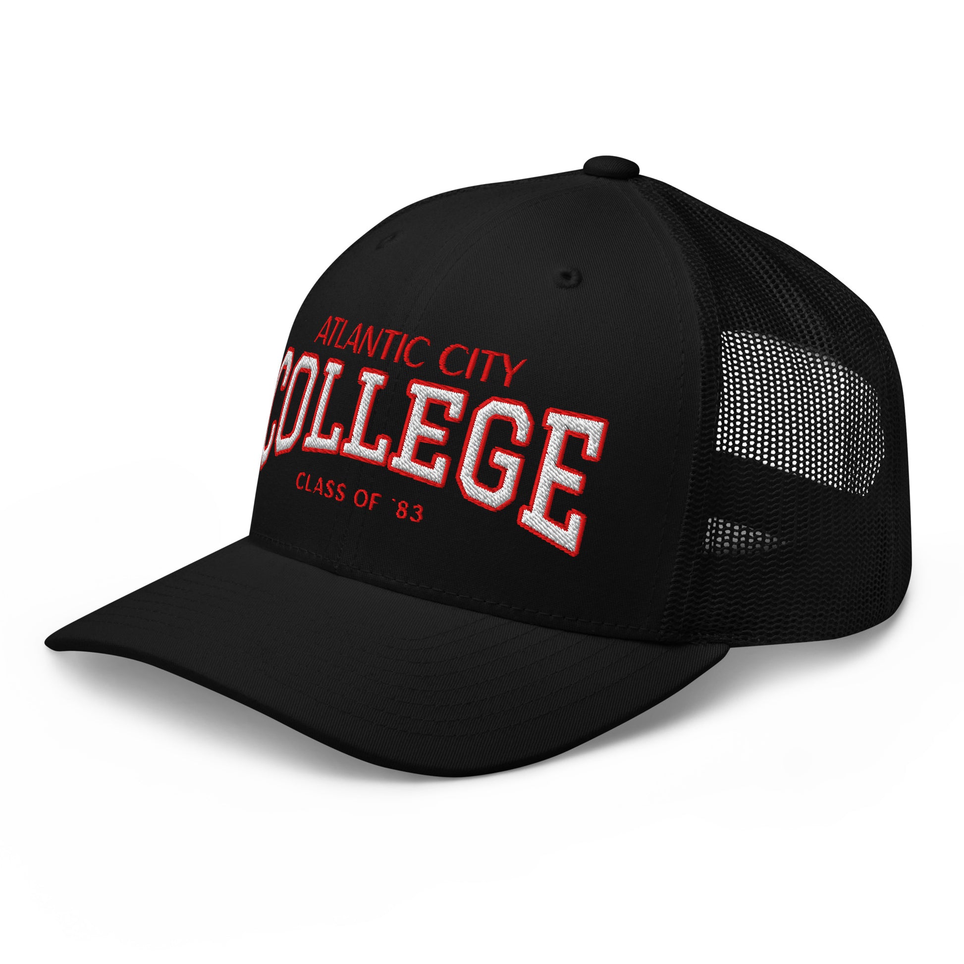 Black Atlantic City College trucker cap with red and white embroidery.