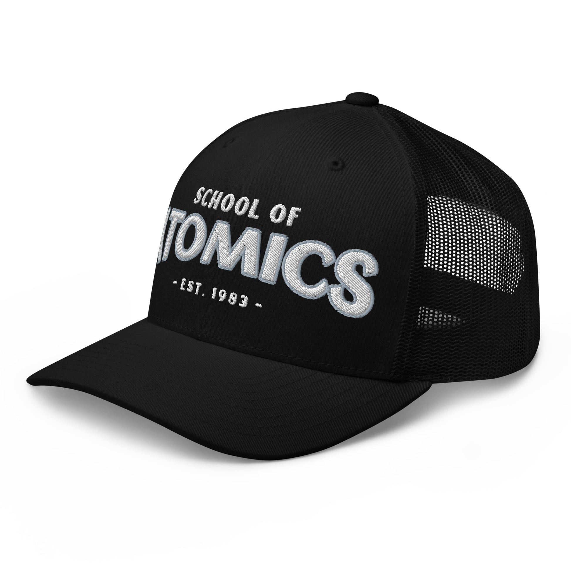 Black School of Atomics trucker cap with embroidered text.