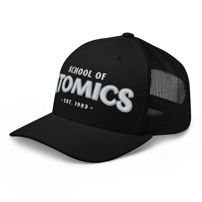 Black School of Atomics trucker cap with embroidered text.