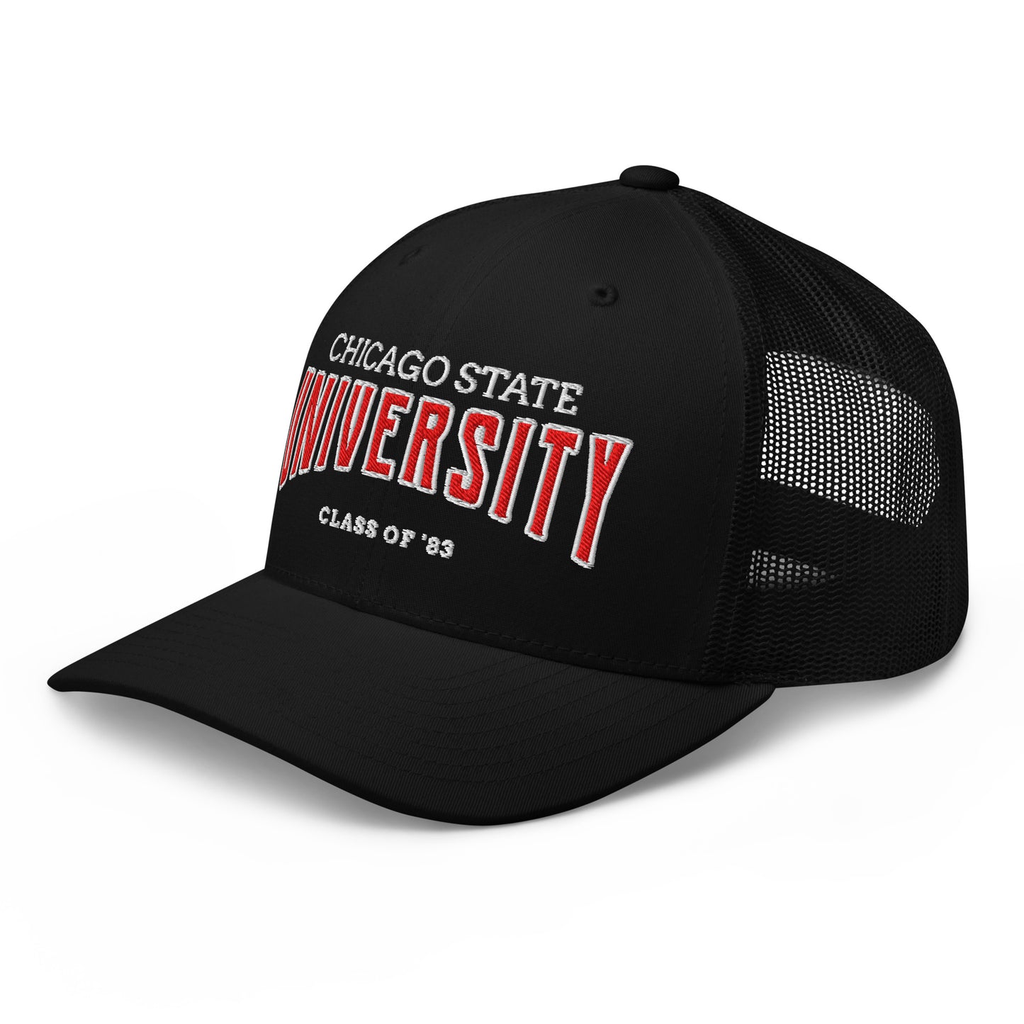 Chicago State University trucker cap with embroidered text.