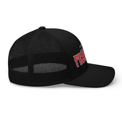 Black trucker cap with red and white embroidered text.