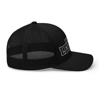 Black trucker cap with white embroidered text.