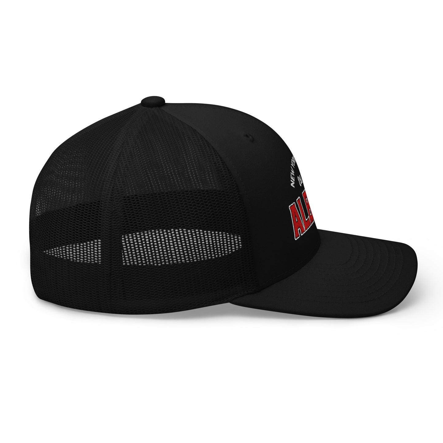 Albany College unisex trucker cap with vintage style and mesh back.