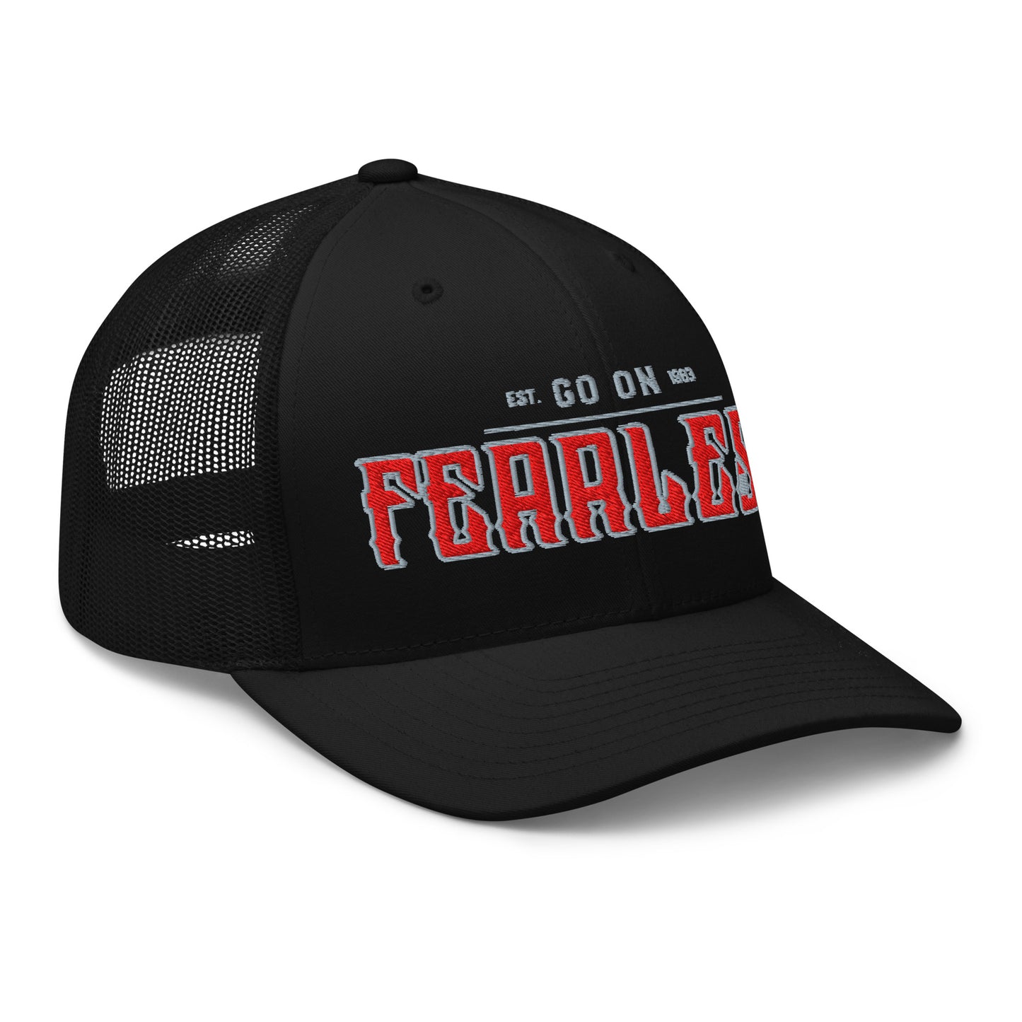 Black trucker cap with "FEARLESS" embroidered in red and white.