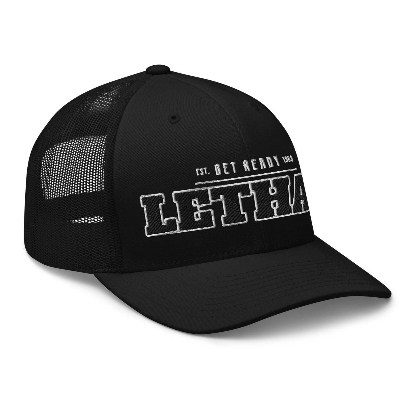 Black trucker cap with white "LETHA EST. GET READY 1983" embroidery.