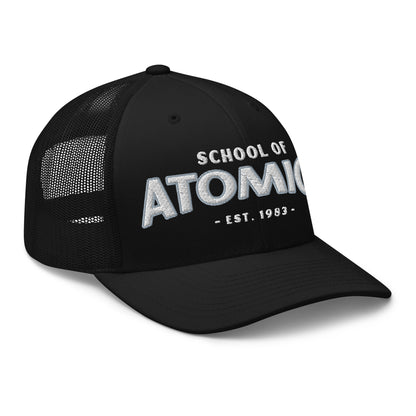 Black School Of Atomics trucker cap with embroidered text.