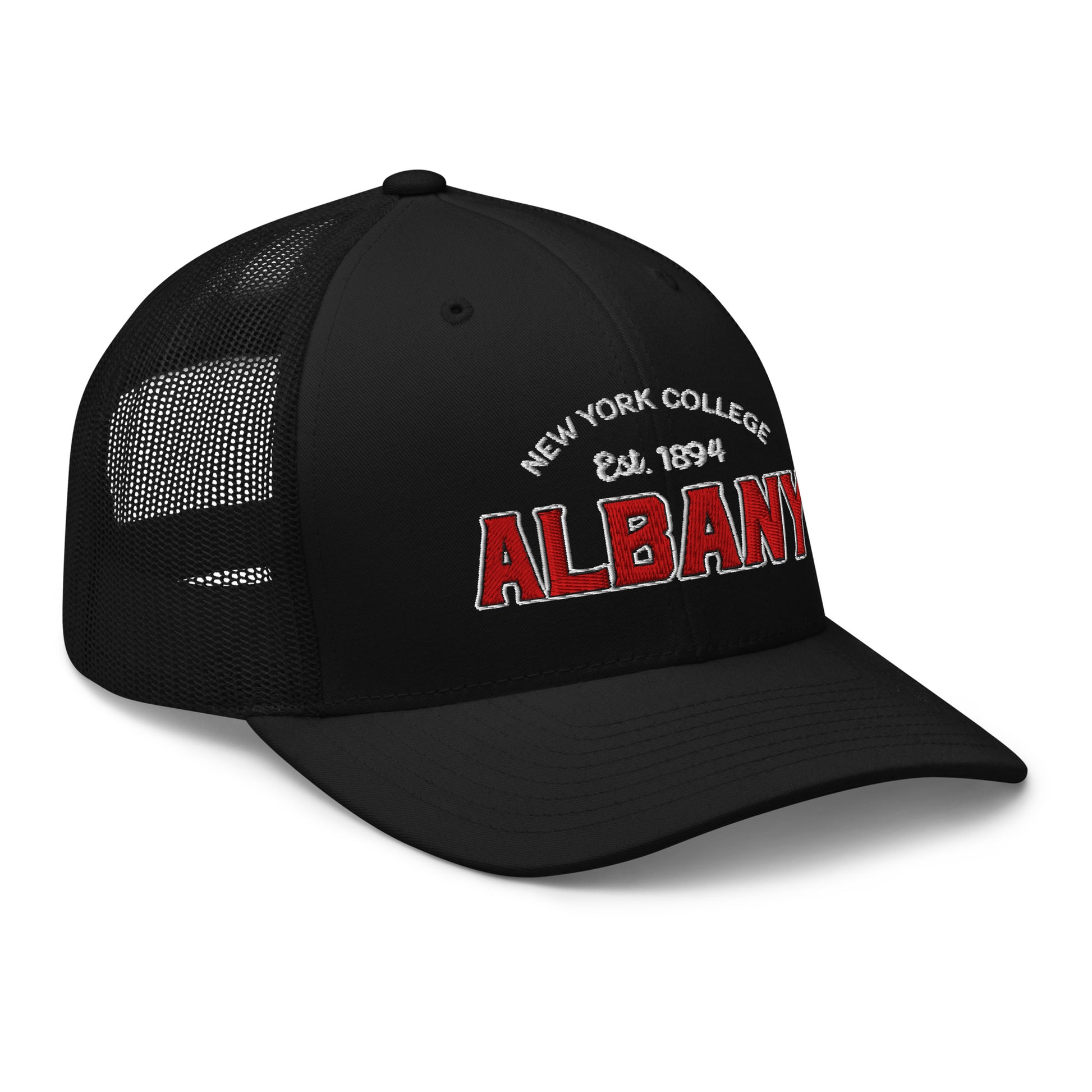 Black Albany College trucker cap with embroidered text.