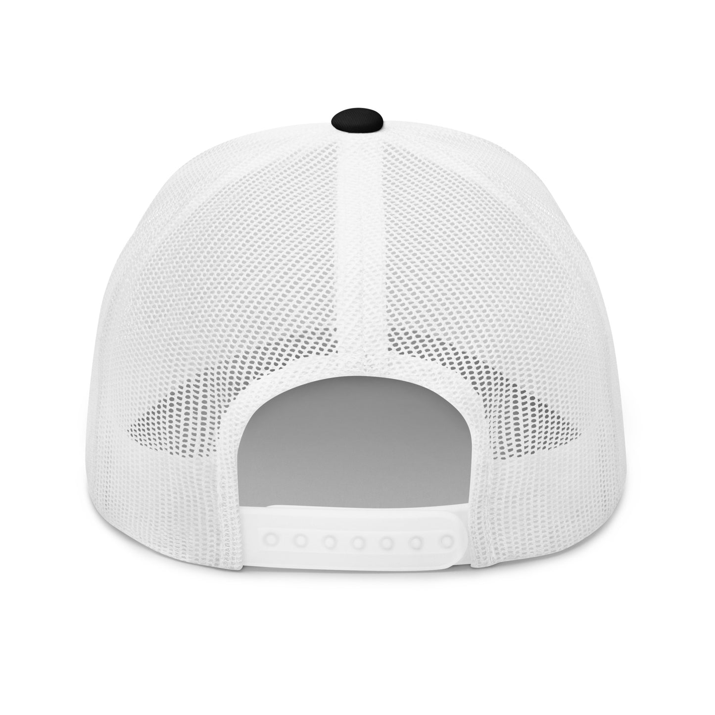 Trucker cap with white mesh back and black button on top.