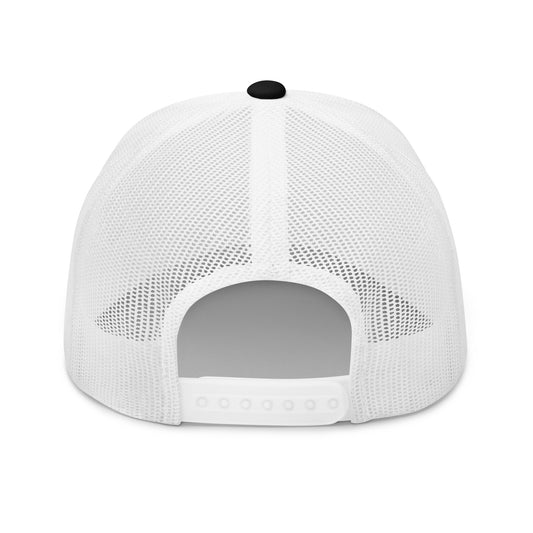 Trucker cap with white mesh back and black button on top.