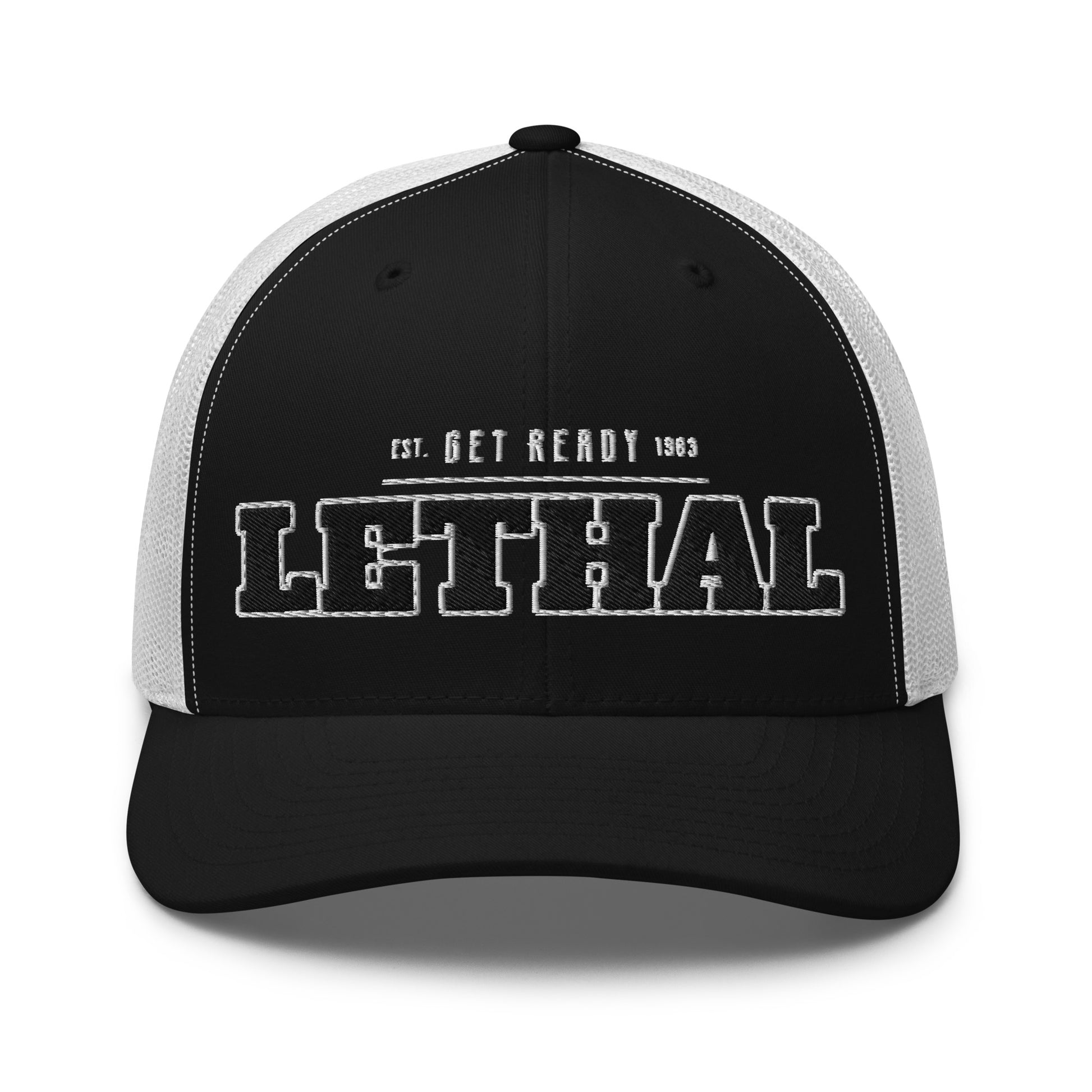 Black and white trucker cap with "LETHAL" embroidered on the front.