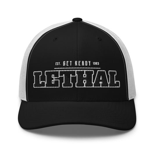 Black and white trucker cap with "LETHAL" embroidered on the front.