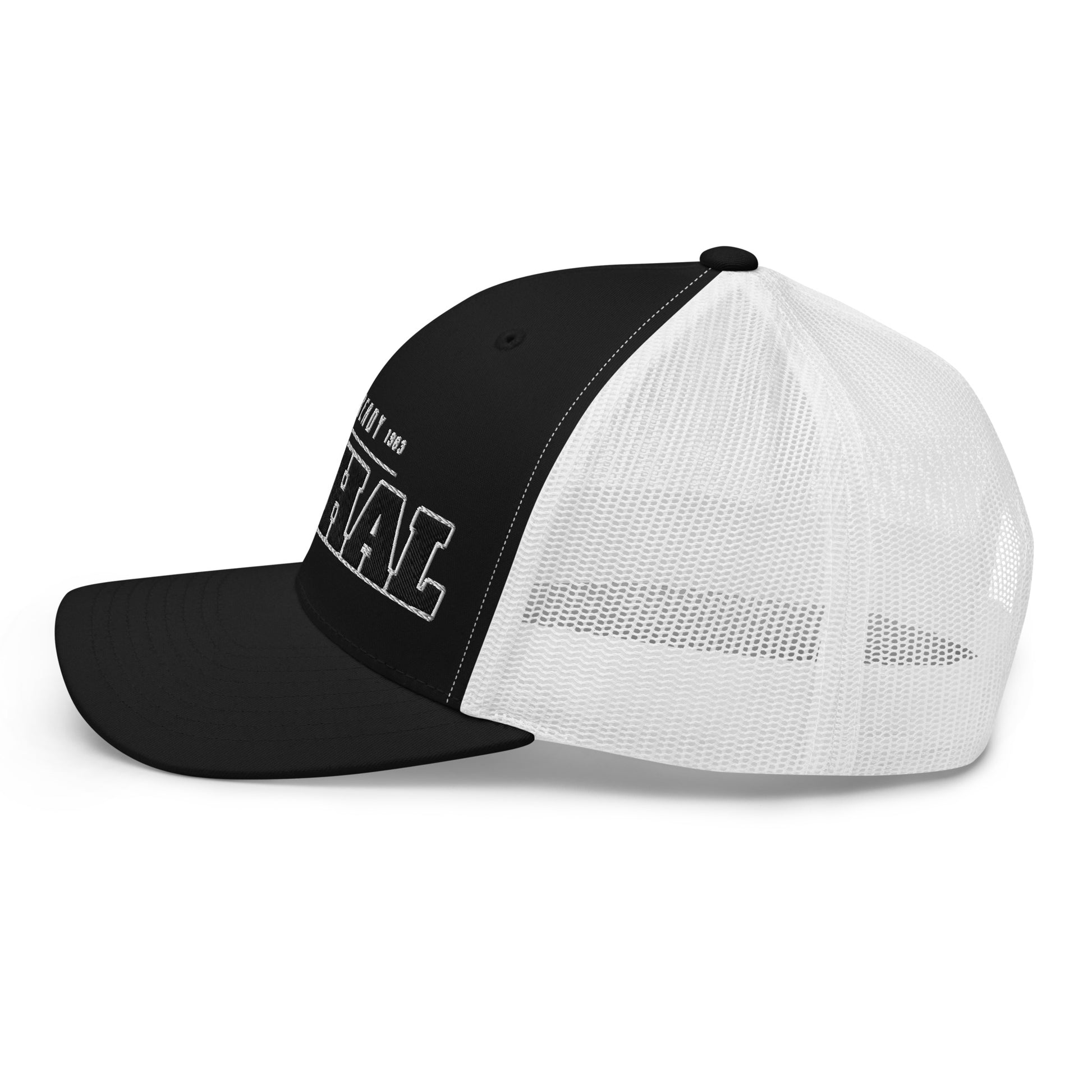 Black and white trucker cap with embroidered text.