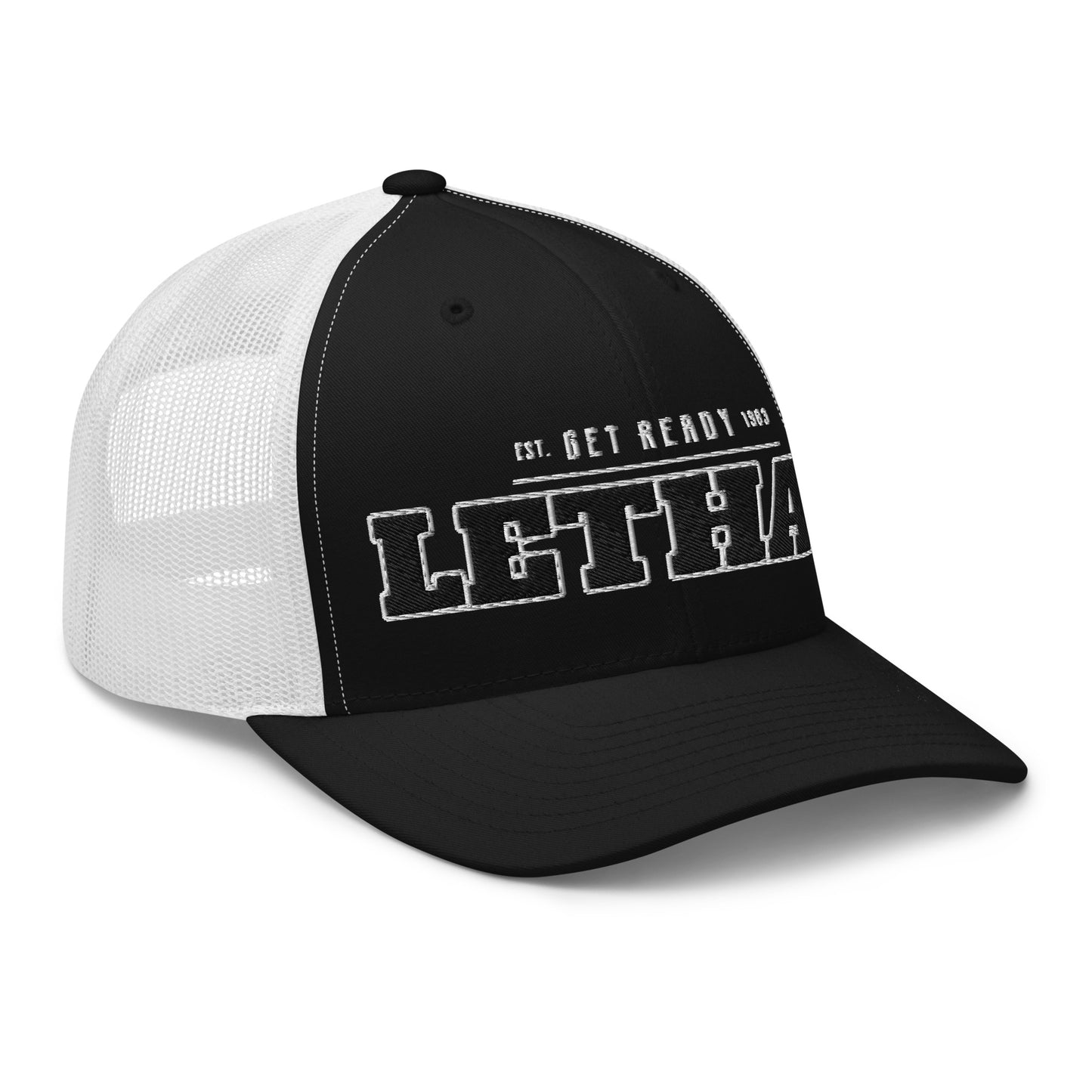 Black and white trucker cap with "LETHA" and "EST. GET READY 1983" embroidered on the front.
