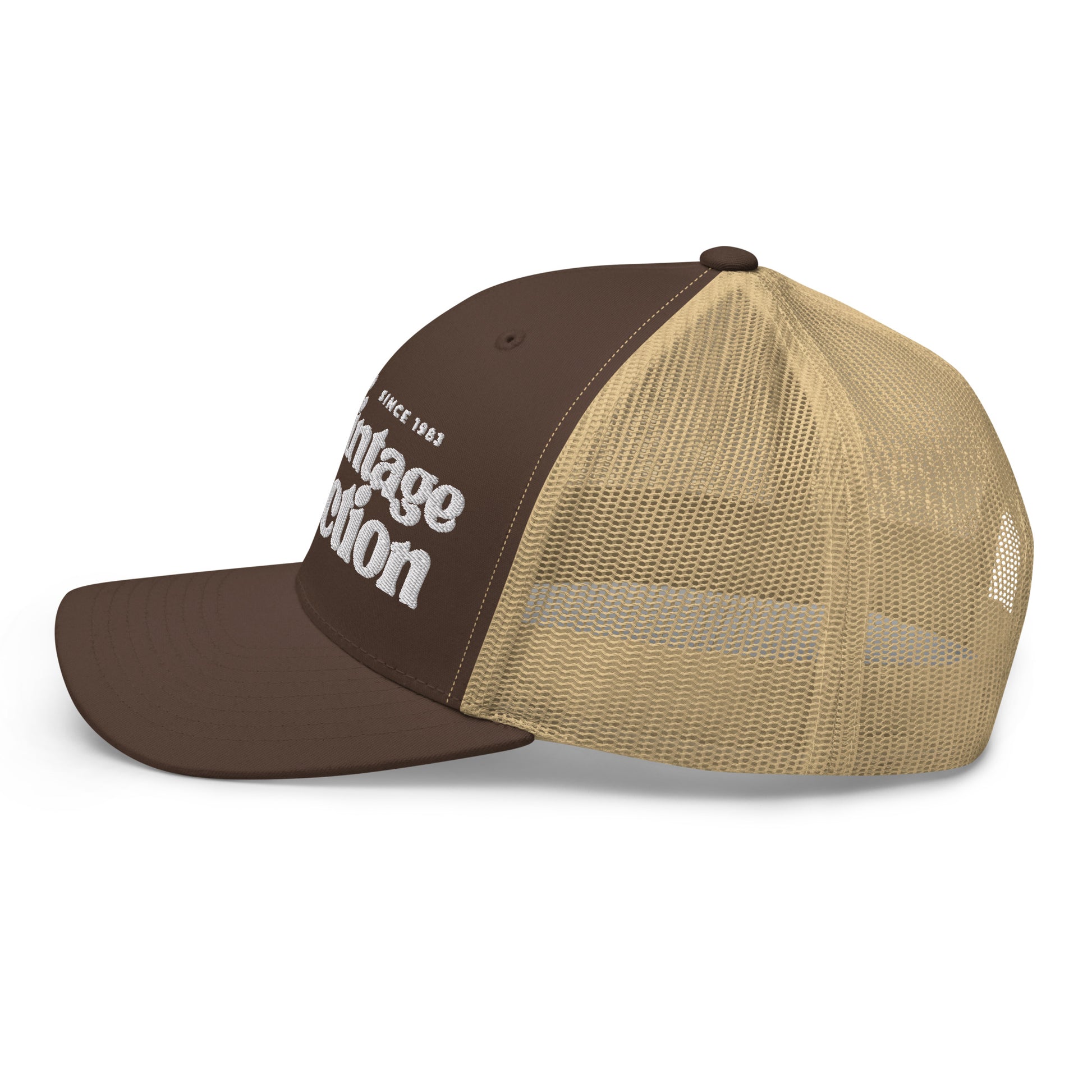 Brown and tan trucker cap with "Vintage Collection Since 1983" embroidered on the front.