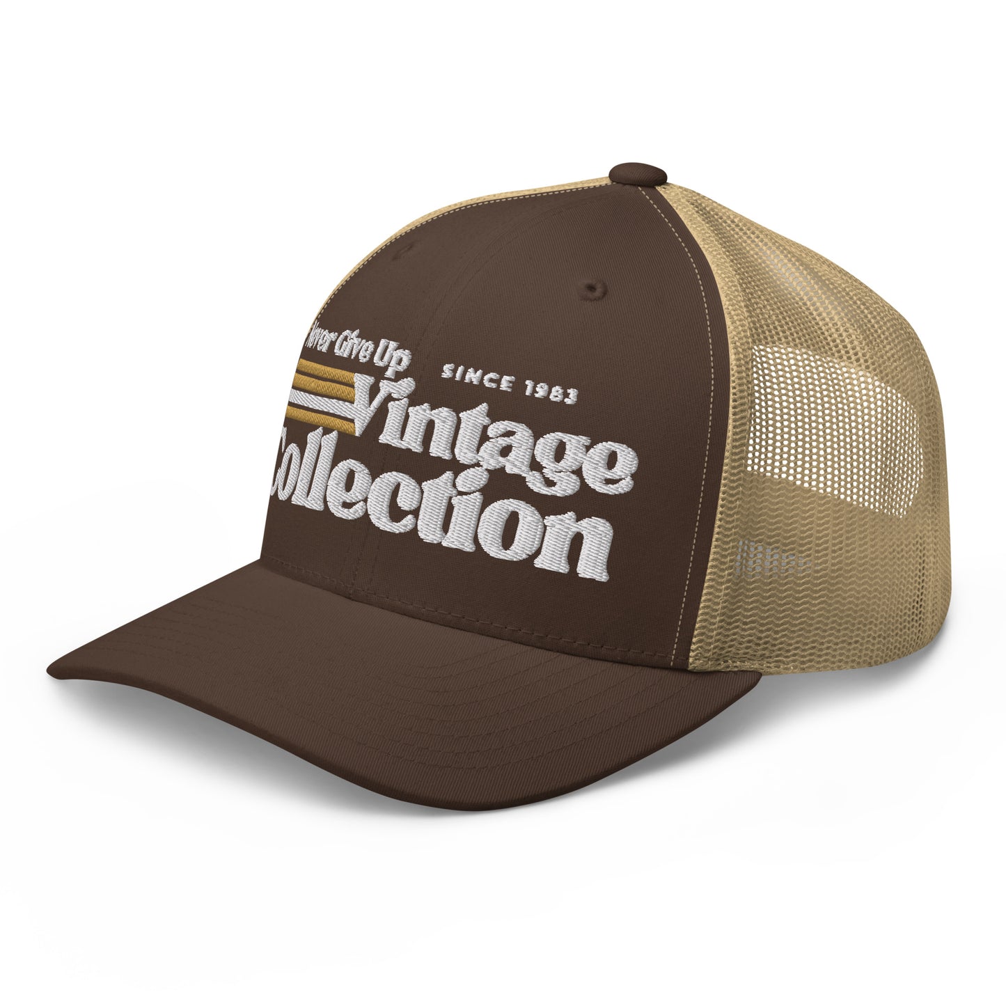 Retro Collection Trucker Cap with "Never Give Up Vintage Collection Since 1983" embroidery.