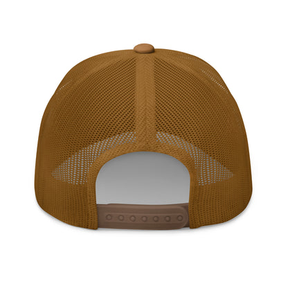 Trucker cap with a brown mesh back and adjustable strap.