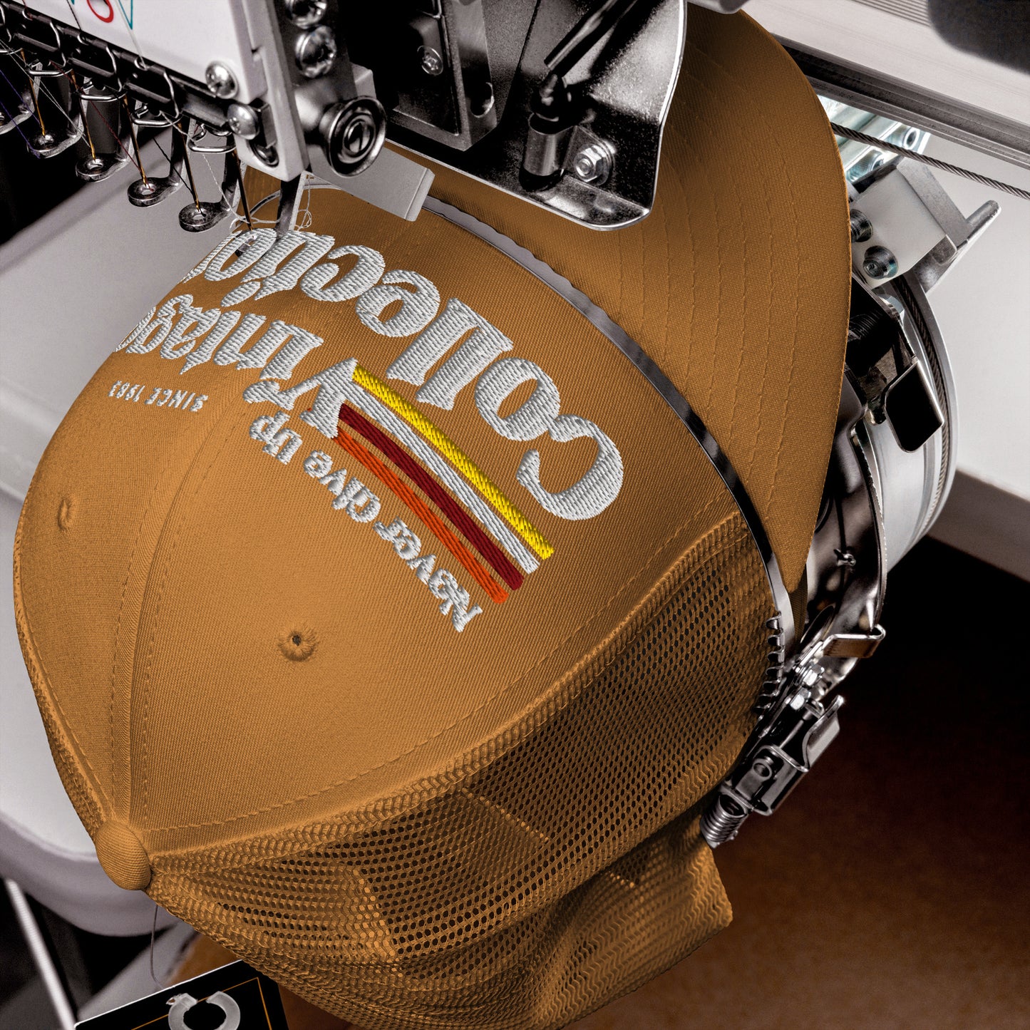 Retro Collection Trucker Cap with embroidered text and stripes.