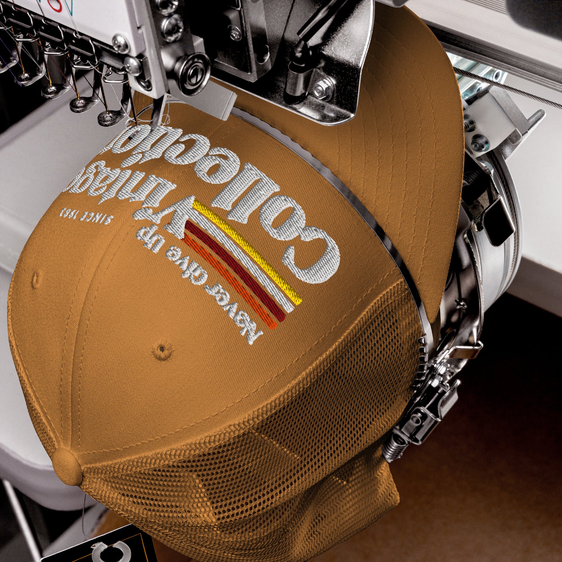 Retro Collection Trucker Cap with embroidered text and stripes.