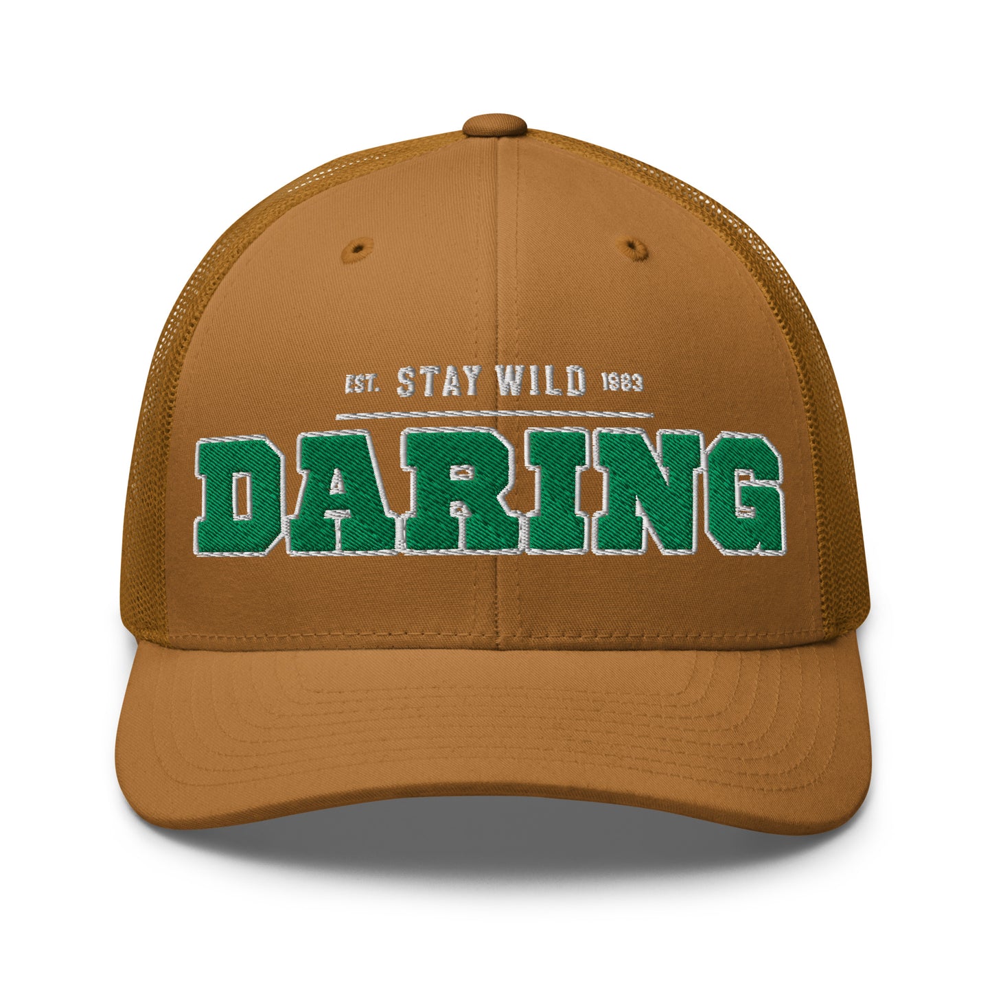 Brown trucker cap with green "DARING" embroidery and "EST. STAY WILD 1983" text.