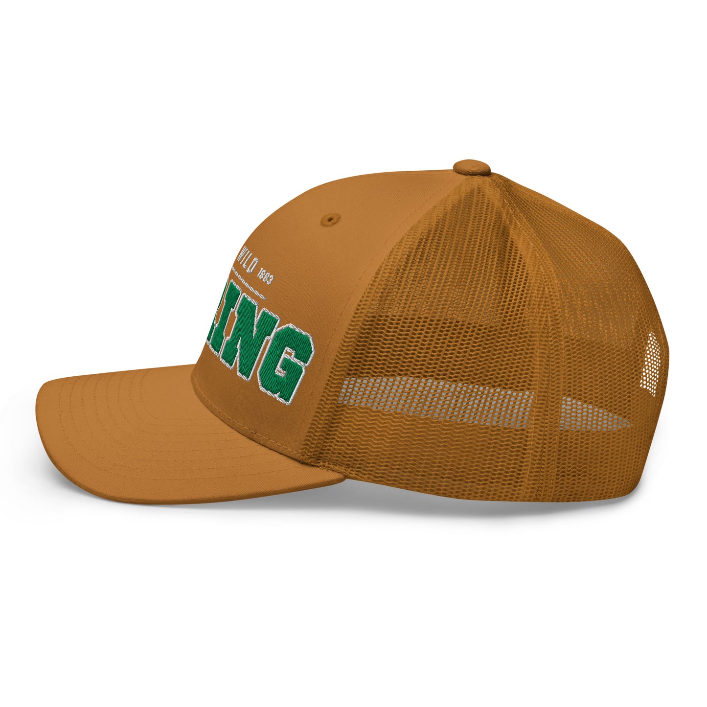 A brown trucker cap with green lettering.