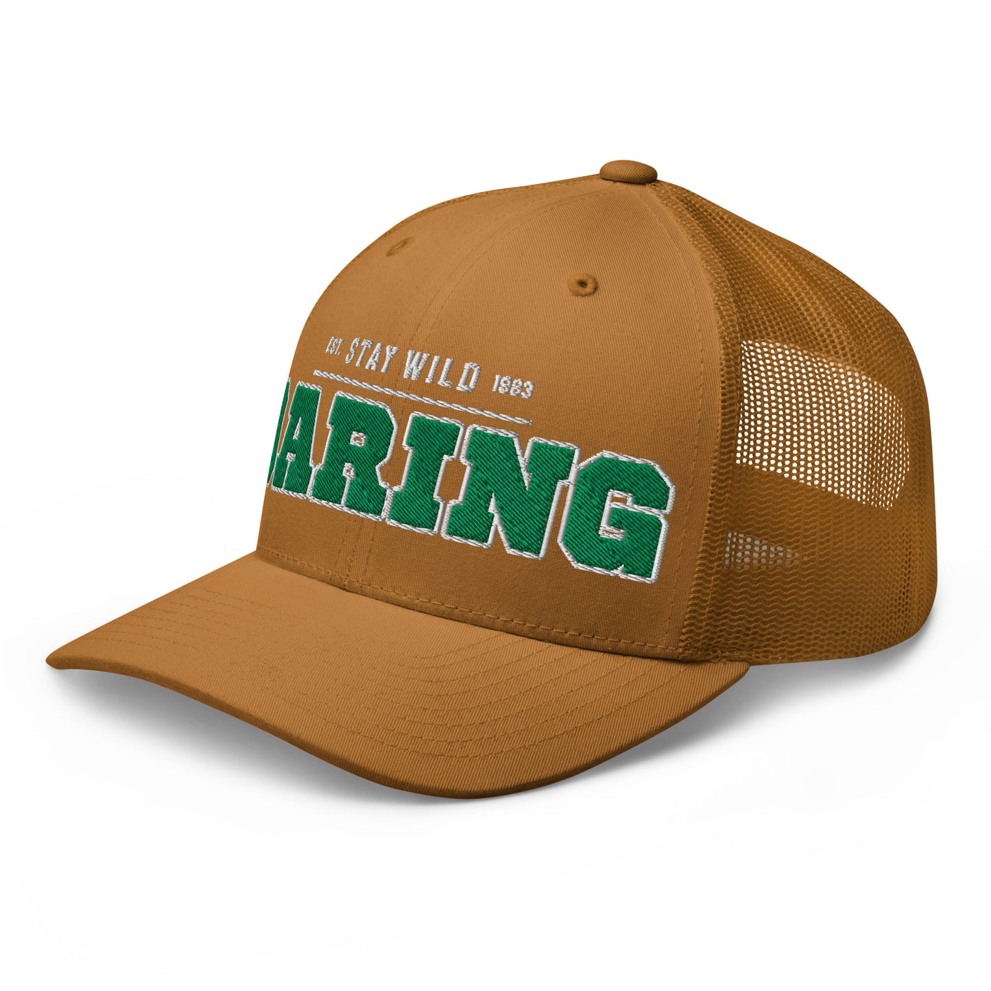Brown trucker cap with green embroidered text.