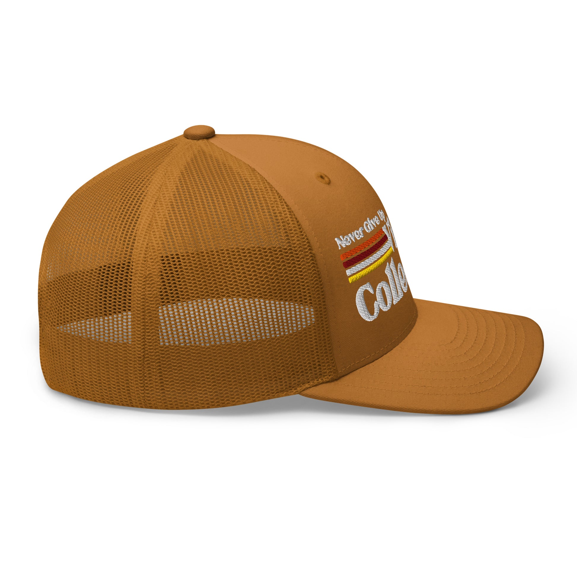 Retro Collection Trucker Cap with embroidered text and stripes.
