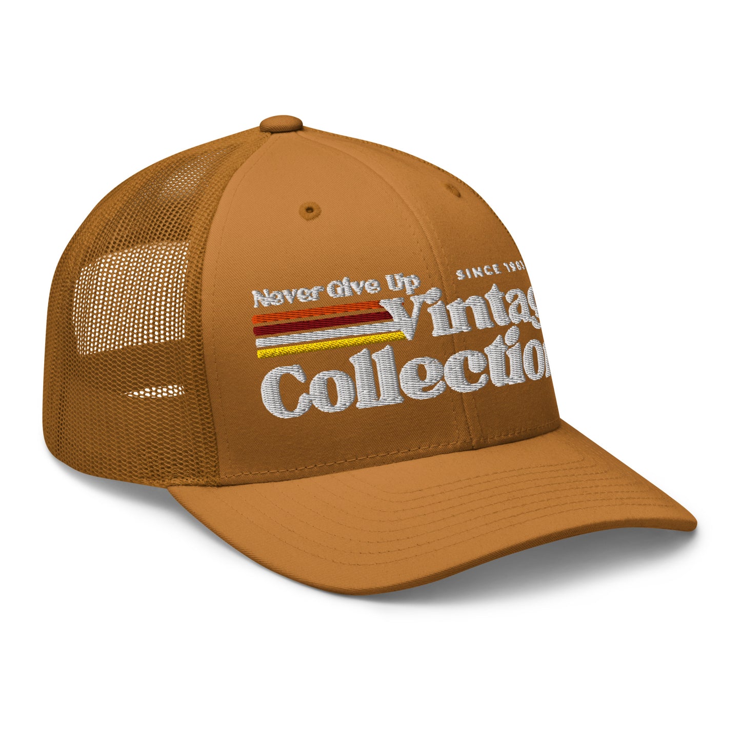 Retro Collection Trucker Cap with embroidered text.