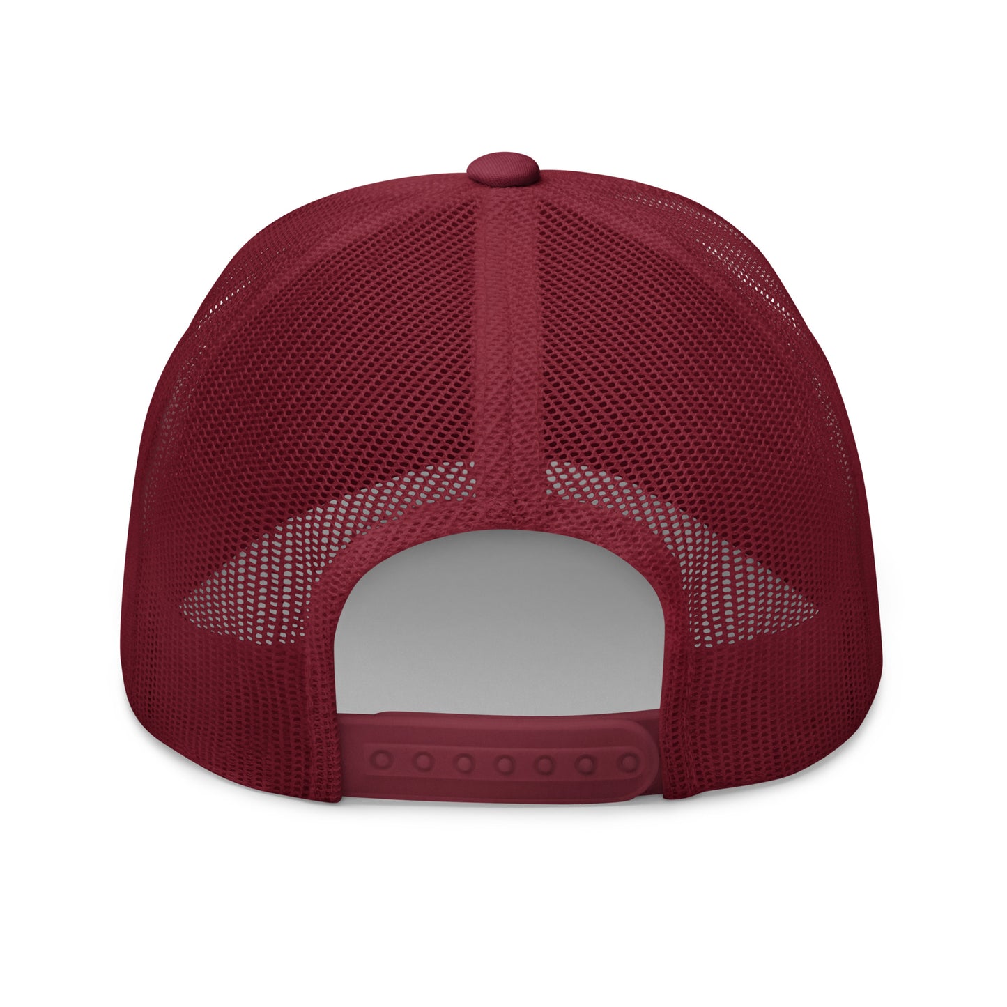 Maroon trucker cap with mesh back and adjustable strap.