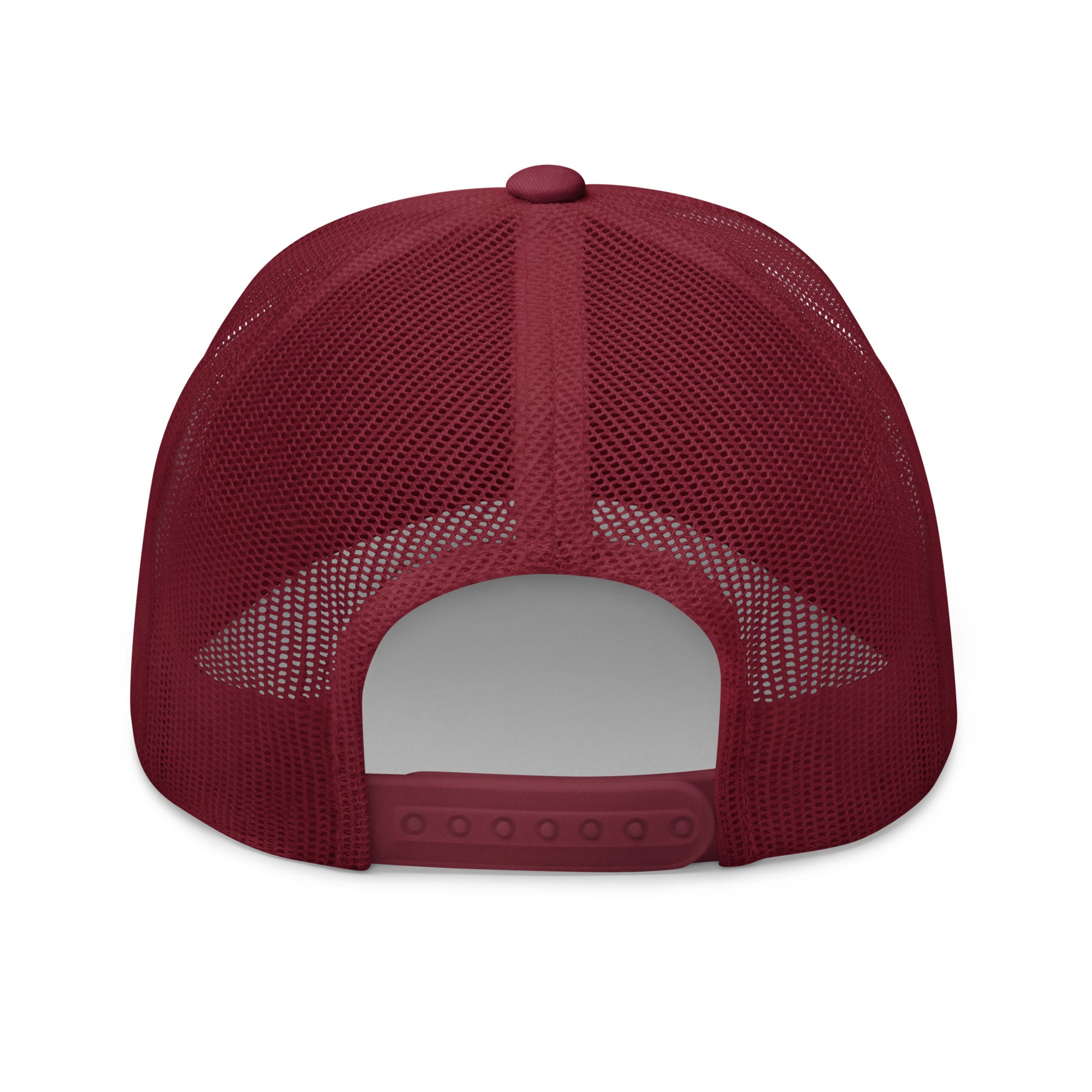 Maroon trucker cap with mesh back and adjustable strap.