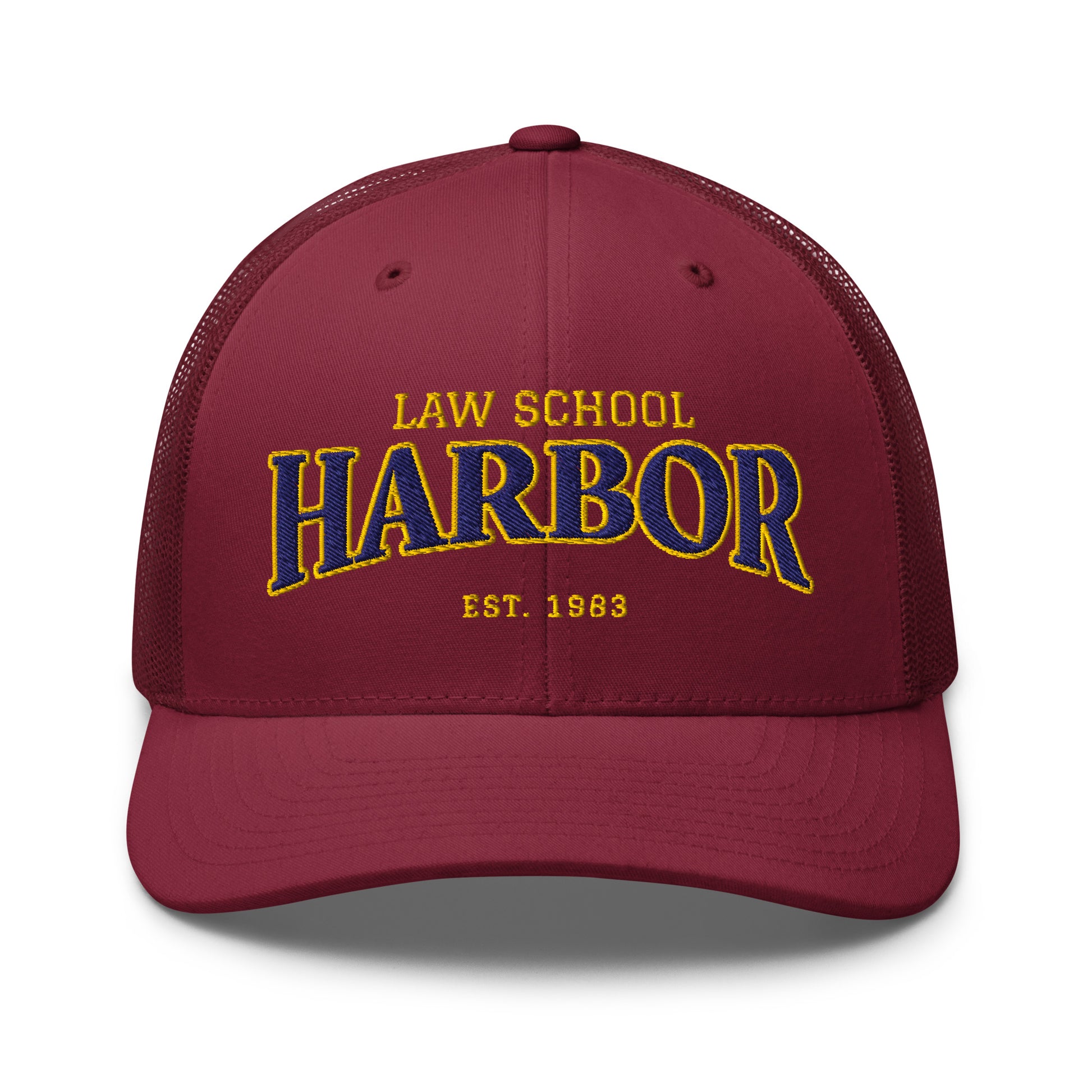 Maroon Harbor Law School trucker cap with embroidered text.