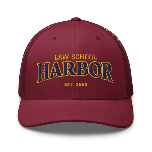 Maroon Harbor Law School trucker cap with embroidered text.