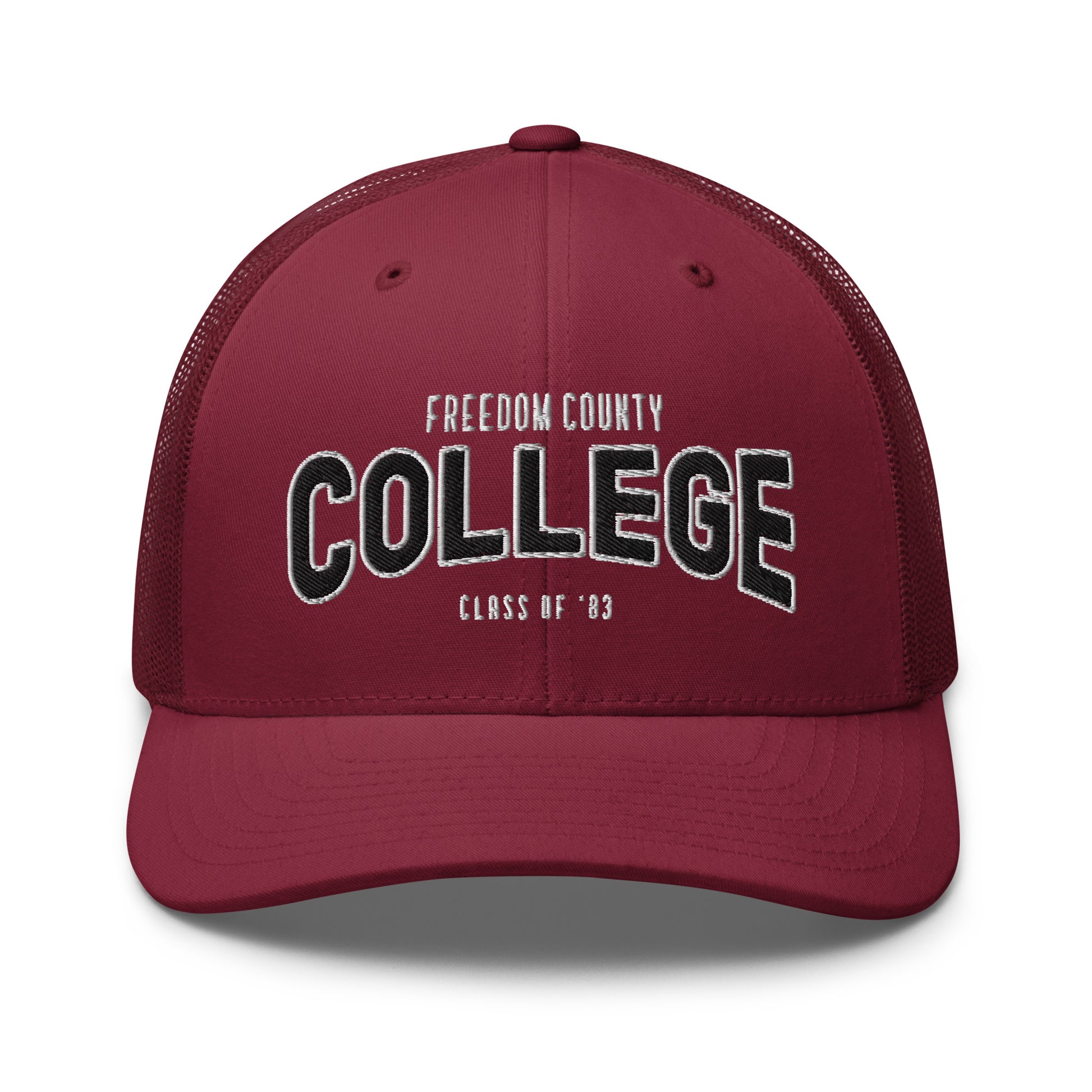 Maroon trucker cap with "Freedom County College Class of '83" embroidered on the front.