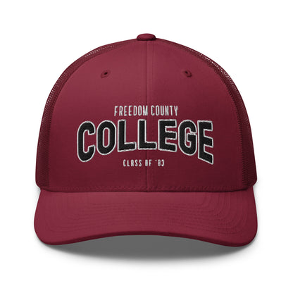 Maroon trucker cap with "Freedom County College Class of '83" embroidered on the front.