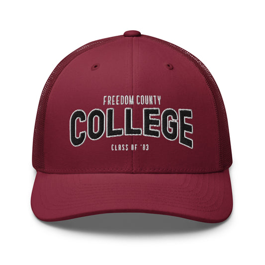 Maroon trucker cap with "Freedom County College Class of '83" embroidered on the front.