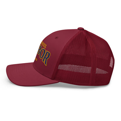 Maroon trucker cap with "Harbor School" and "1983" embroidered on the front.