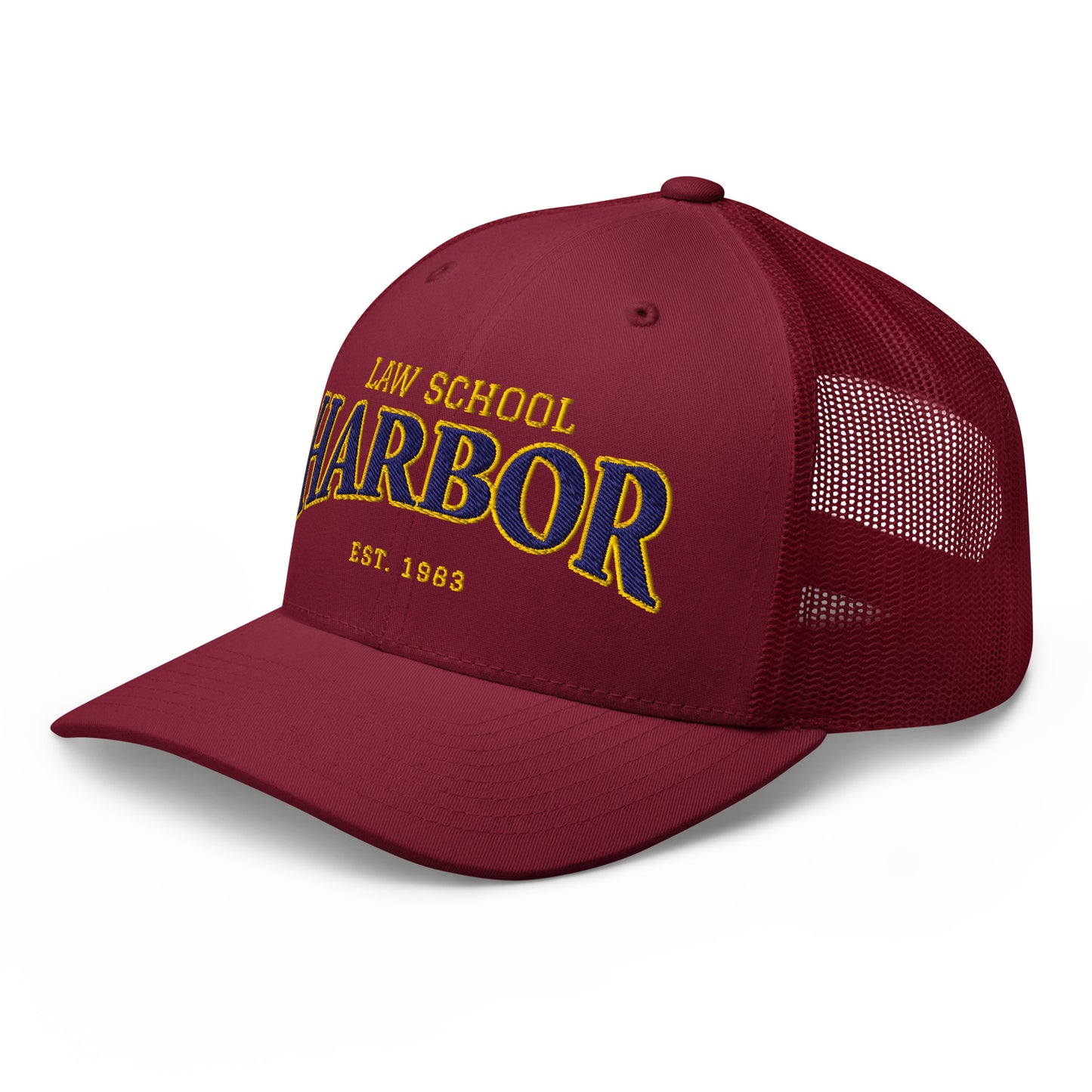 Maroon trucker cap with "Harbor Law School Est. 1983" embroidered on the front.