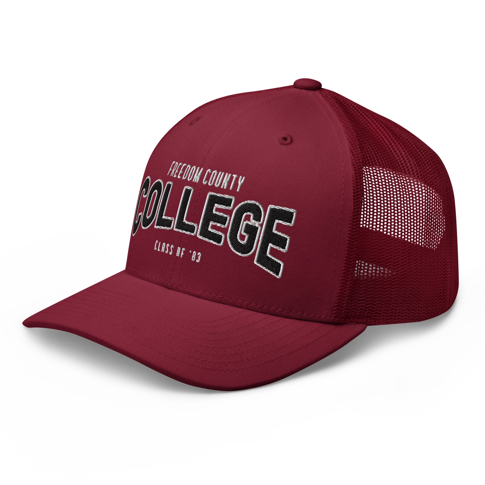 Freedom County College trucker cap with mesh back and embroidered text.
