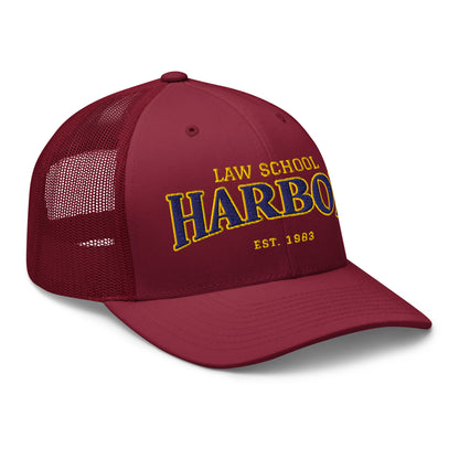 Maroon trucker cap with "Harbor Law School Est. 1983" embroidered on the front.