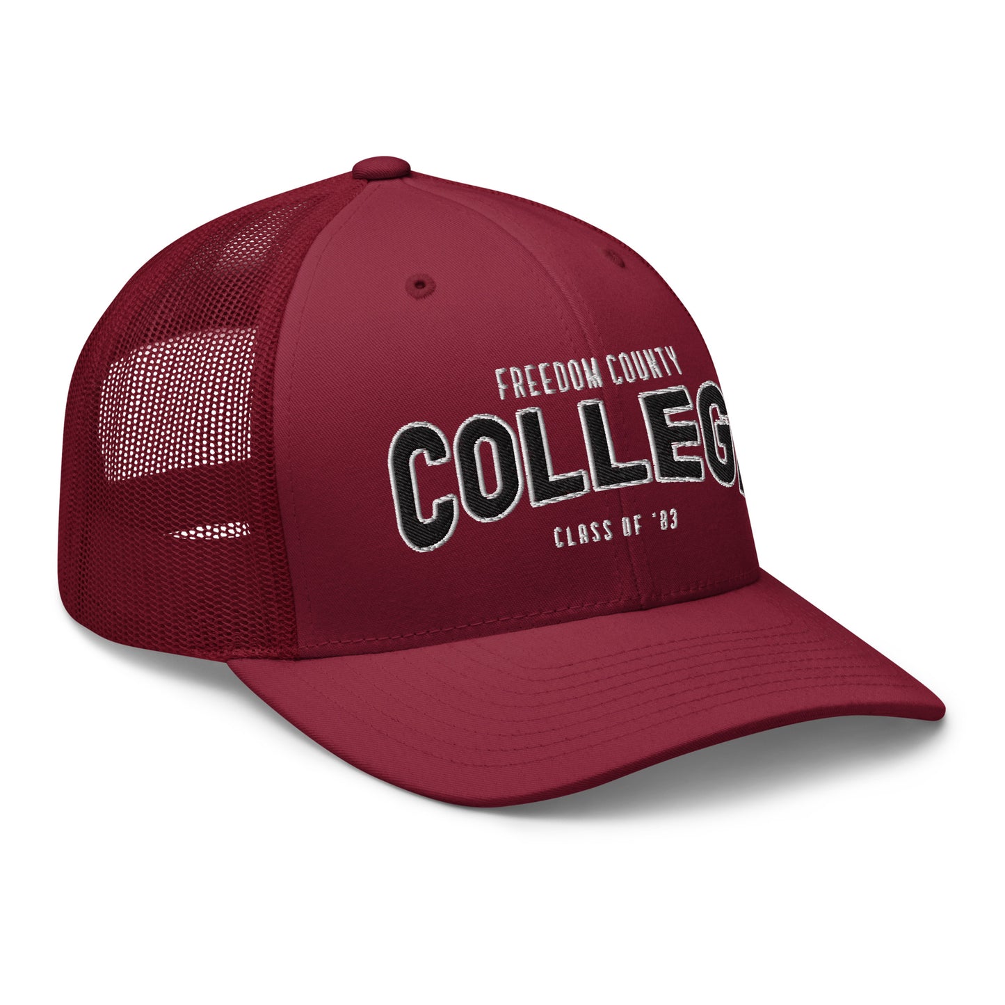 Maroon trucker cap with "Freedom County College Class of '83" embroidered on the front.
