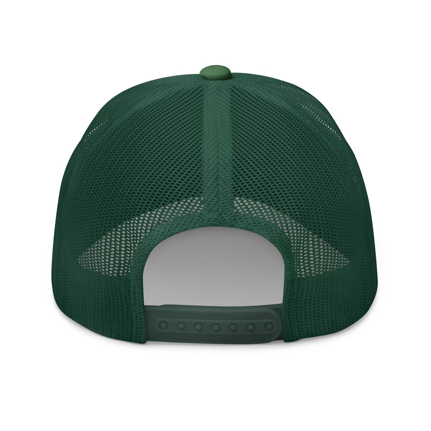A dark green trucker cap with a mesh back and adjustable strap.