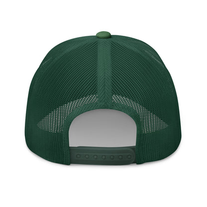 Dark green trucker cap with mesh back and adjustable snap closure.