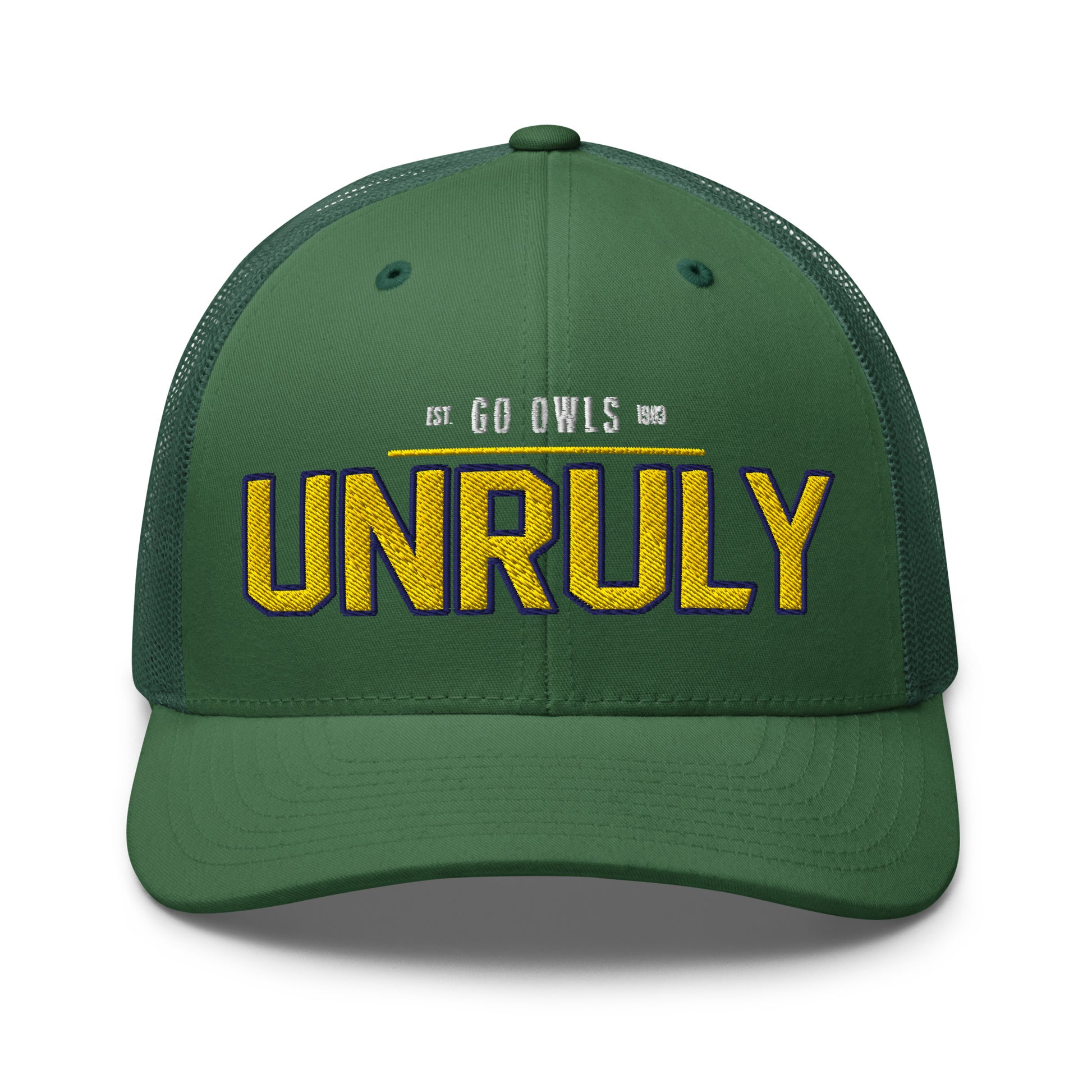 Green trucker cap with "UNRULY" embroidered in yellow and blue.