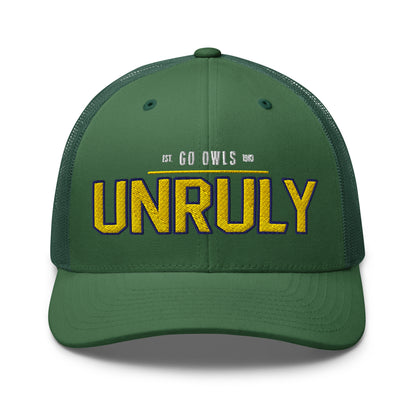 Green trucker cap with "UNRULY" embroidered in yellow and blue.
