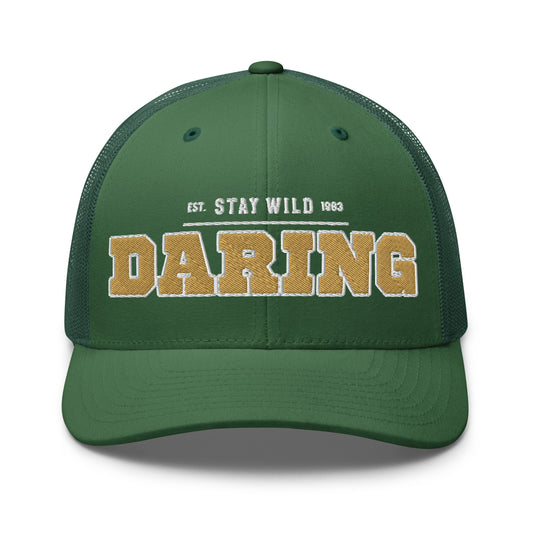 Green trucker cap with "DARING STAY WILD 1983" embroidered on the front.