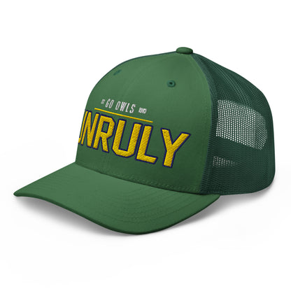 A green trucker cap with yellow and blue embroidery.
