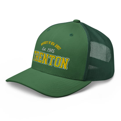 Green trucker cap with "Trenton University of New Jersey Est. 1975" embroidered on the front.