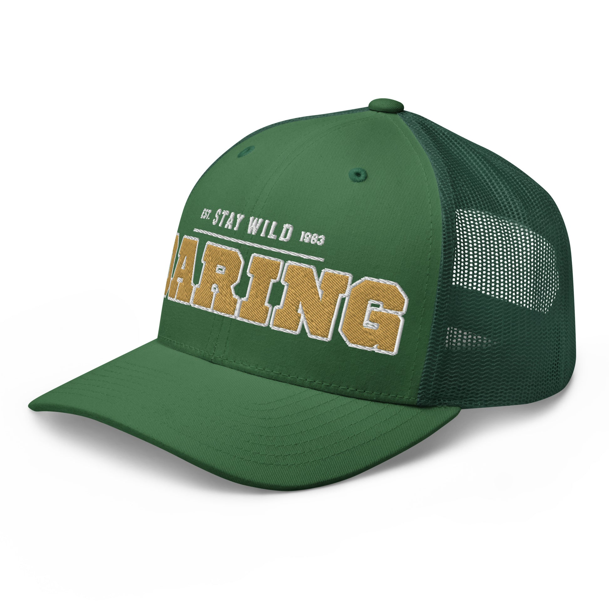 Green trucker cap with "ARING" and "EST. STAY WILD 1983" embroidered on the front.