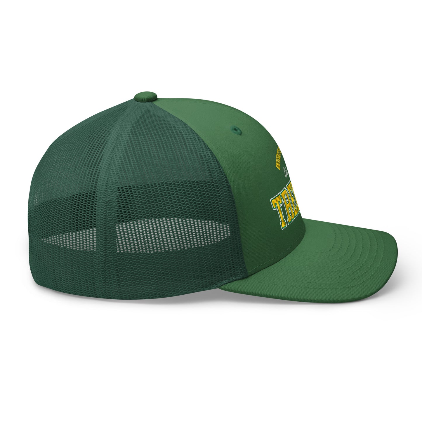 Green trucker cap with yellow "TRENTON" embroidery and mesh back.