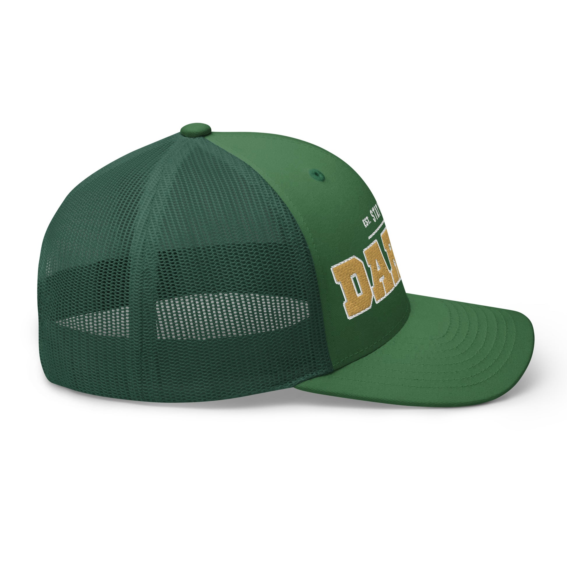 Green trucker cap with mesh back and embroidered "DA" logo.