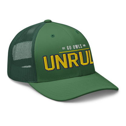 Green trucker cap with yellow "UNRU" embroidery and "EST. GO OWLS 1913" text.